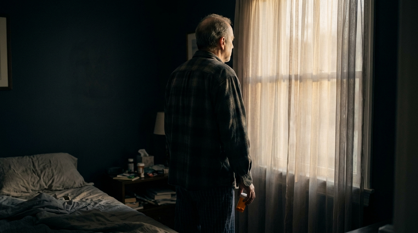 A man in his 60s standing by his bedroom window at dawn, holding a prescription bottle, reflecting on medications that have lost their effect